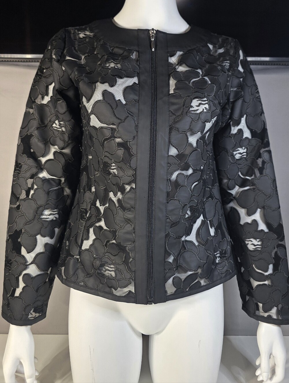 Colleen Lopez Black Floral Lace Mesh Zip-Up Jacket Size Small